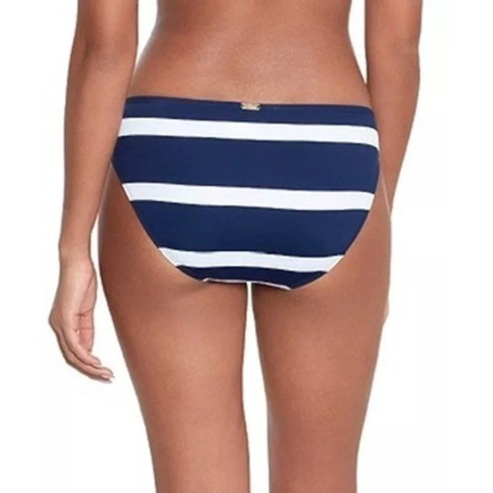 NWT Lauren Ralph Lauren Striped Ring Hipster Bikini Bottoms, Navy/White 10 $70